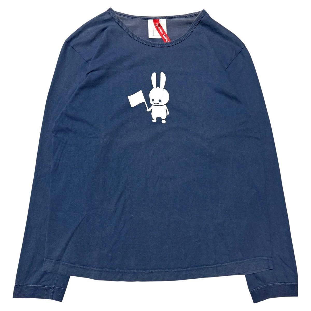 CUNE キューン 旗持ち うさぎ ウサギ 兎 ロゴ プリント 長袖 カットソー ロンT Tシャツ ネイビー L