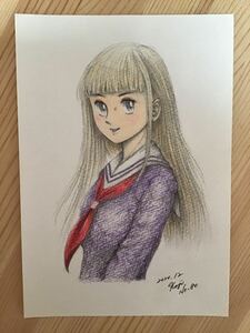 Art hand Auction 手書きイラスト 女の子 ★セーラー服の少女 NO .80 ★鉛筆 色鉛筆 ボールペン ★画用紙 ★サイズ16.5×11.5㎝ ★新品, コミック, アニメグッズ, 手描きイラスト