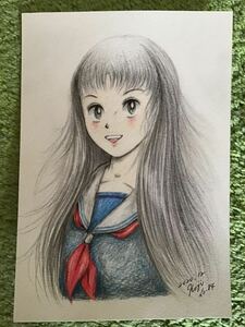 Art hand Auction 手書きイラスト 女の子 ★セーラー服の少女 NO .84 ★鉛筆 色鉛筆 ボールペン ★画用紙 ★サイズ16.5×11.5㎝ ★新品, コミック, アニメグッズ, 手描きイラスト