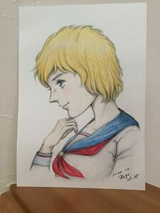 Art hand Auction Handwritten illustration girl ★Girl in sailor suit NO.85 ★Pencil Colored pencil Ballpoint pen ★Drawing paper ★Size 16.5 x 11.5cm ★New, comics, anime goods, hand drawn illustration