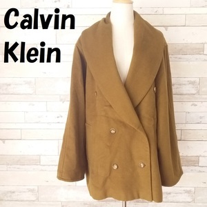 【人気】Calvin Klein/カルバンクライン ショールカラー ウール ダブルコート 肩パッド オンワード樫山 オリーブ サイズ9 レディース/8871