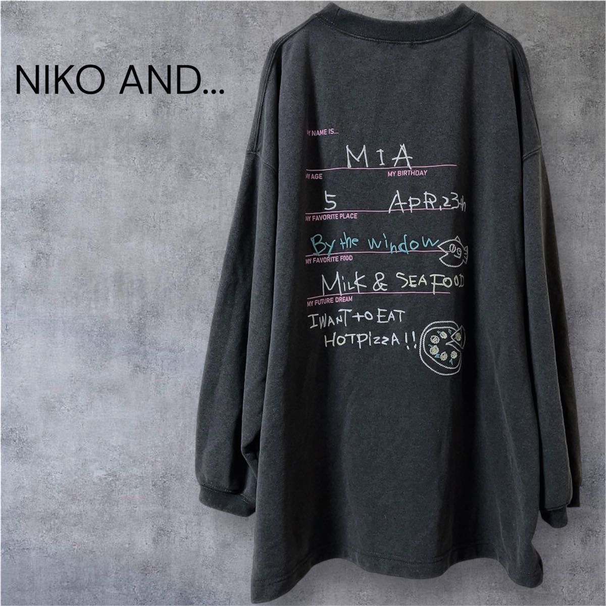 niko and... ニコアンド グラフィックロングTシャツ ピザ 刺繍 灰色 グレー ロンT