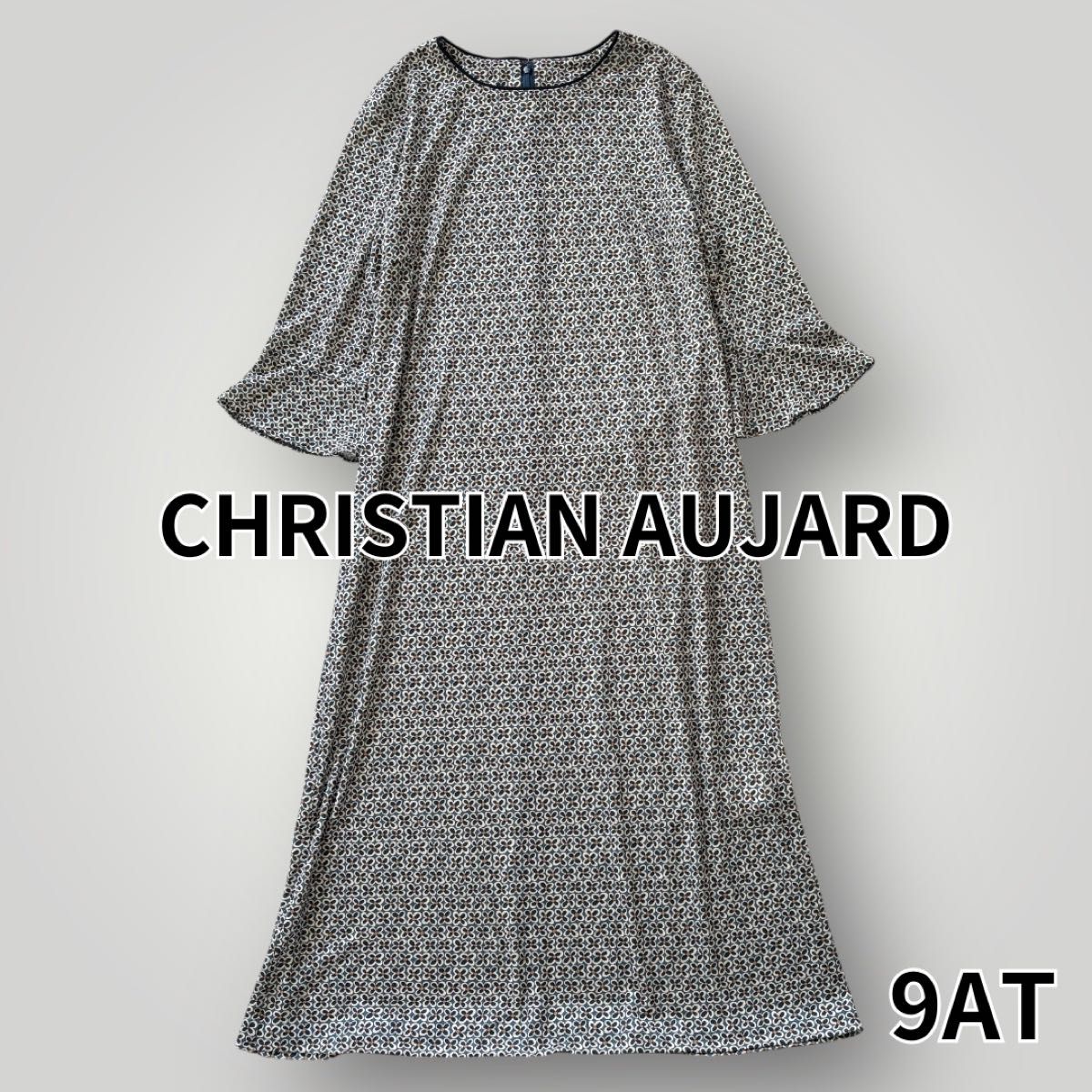 【美品】クリスチャンオジャール 総柄 ワンピース 七分袖 ベルト紐 CHRISTIAN AUJARD M 上品 きれいめ