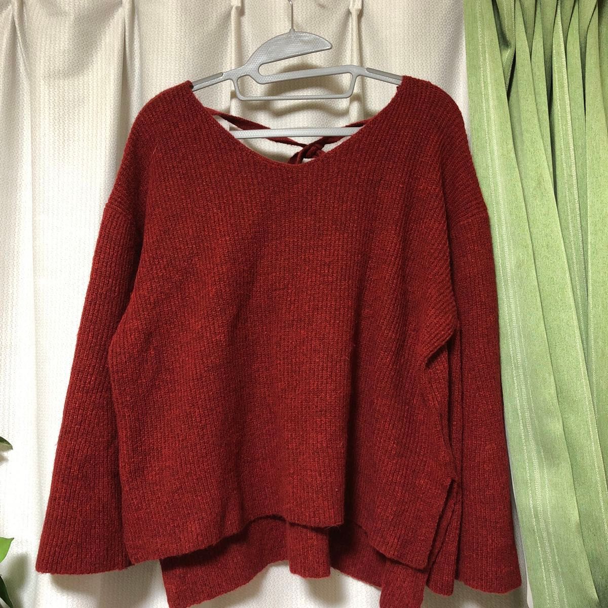 SENSE OF PLACE 赤 Vネックニット セーター 長袖 バックリボン