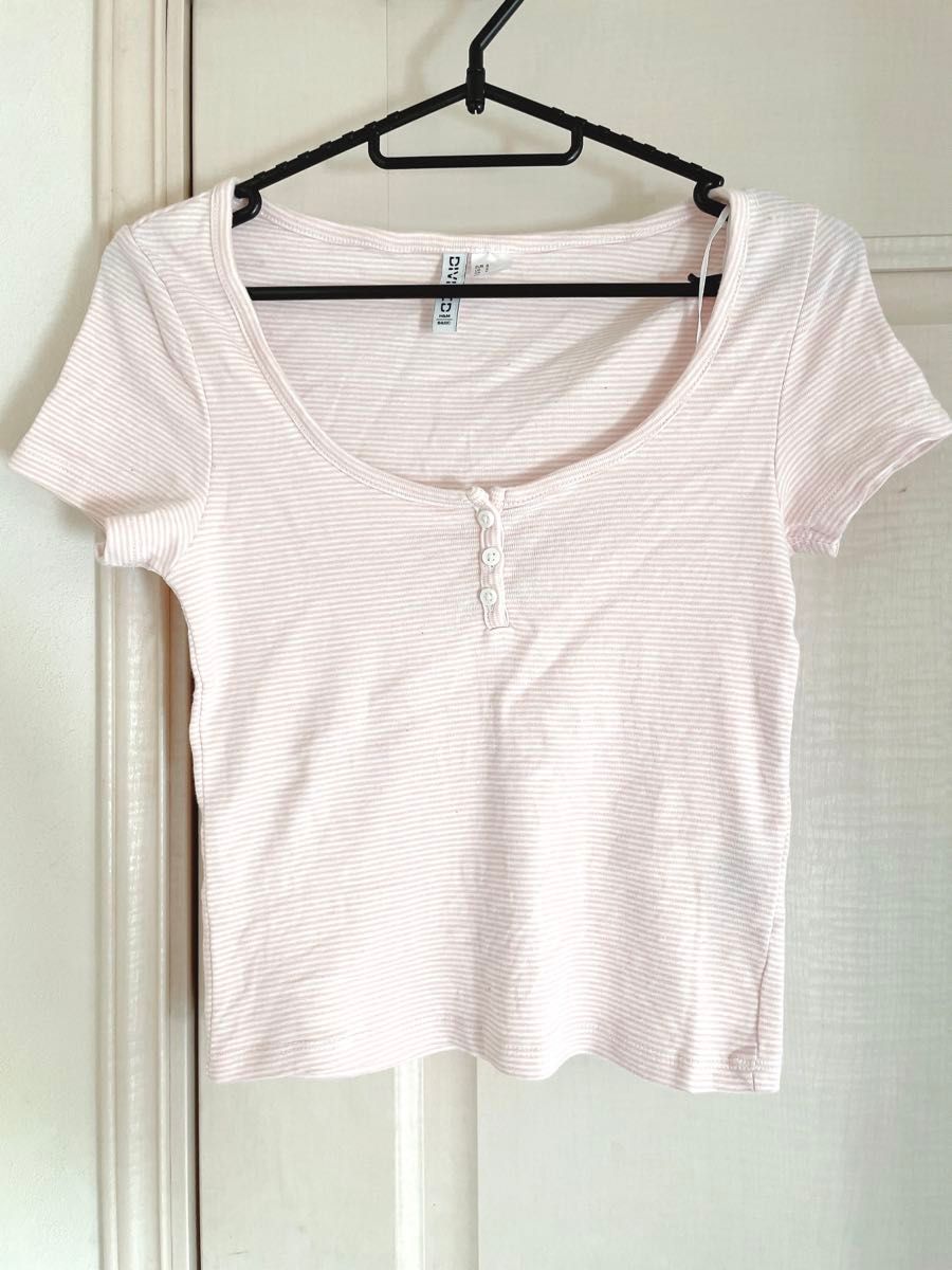 H&M エイチアンドエム Tシャツ ピンクボーダー S 半袖 ストライプ
