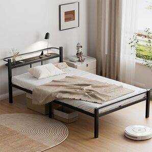 ベッドフレーム シングル ブラック 耐荷重300kg 充電器口付き 組立簡単 コンセント