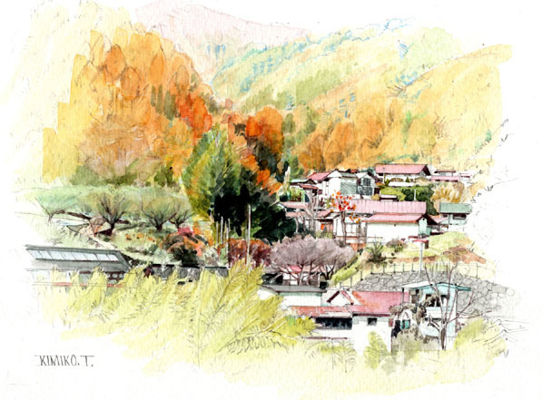 □ N° 7444 Maintenant c'est l'automne Shinshu / Illustration de Kimiko Tanaka / Livré avec un cadeau !, Peinture, aquarelle, Nature, Peinture de paysage