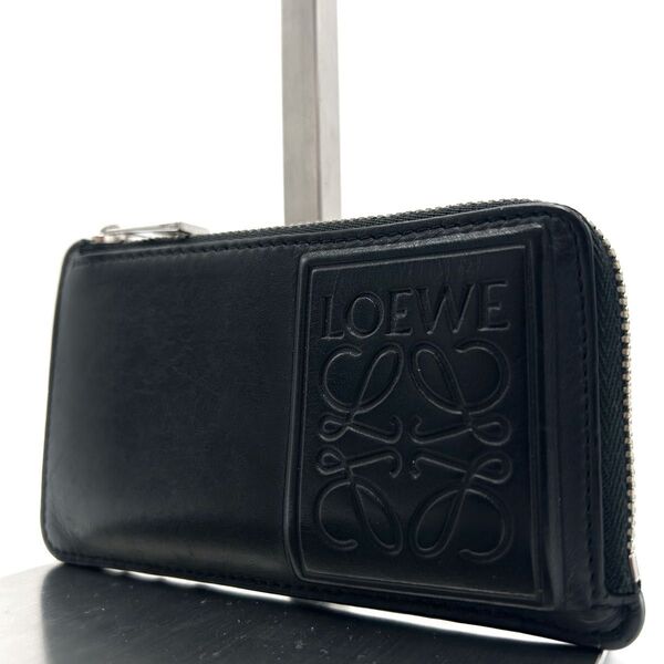 美品 LOEWE ロエベ アナグラム フラグメントケース 財布 小銭 カード シルバー金具 コンパクト ブラック レザー メンズ