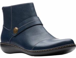 送料無料 Clarks 22cm ブーツ レザー 革 ネイビー ブルー ウエッジ ジッパー ヒール ブーティー ローファー フラット スニーカー ST67