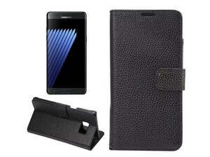 Samsung Galaxy Note 7 レイシPU風 ブックタイプ スタンドケース#ブラック