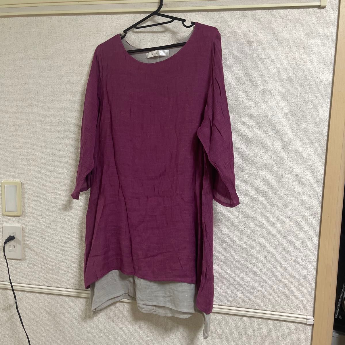 パープル 七分袖チュニック グレーインナー付き M～L