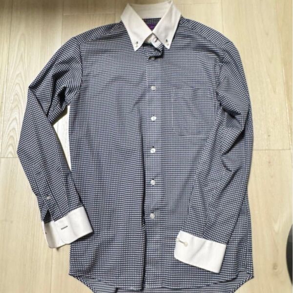ノーアイロン P.S.FA i-shirt Lサイズ(41-84) ネイビー チェック クレリックシャツ ボタンダウン ストレッチ