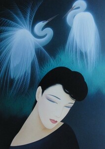 鶴田 一郎、【白鷺と女性】、希少画集画、状態良好、美人画、四季、新品額 額装付、送料無料