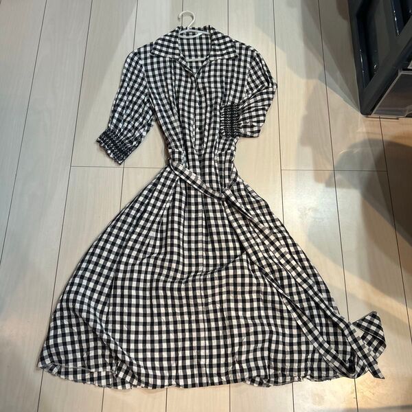 ギンガムチェック シャツワンピース ロング丈 七分袖