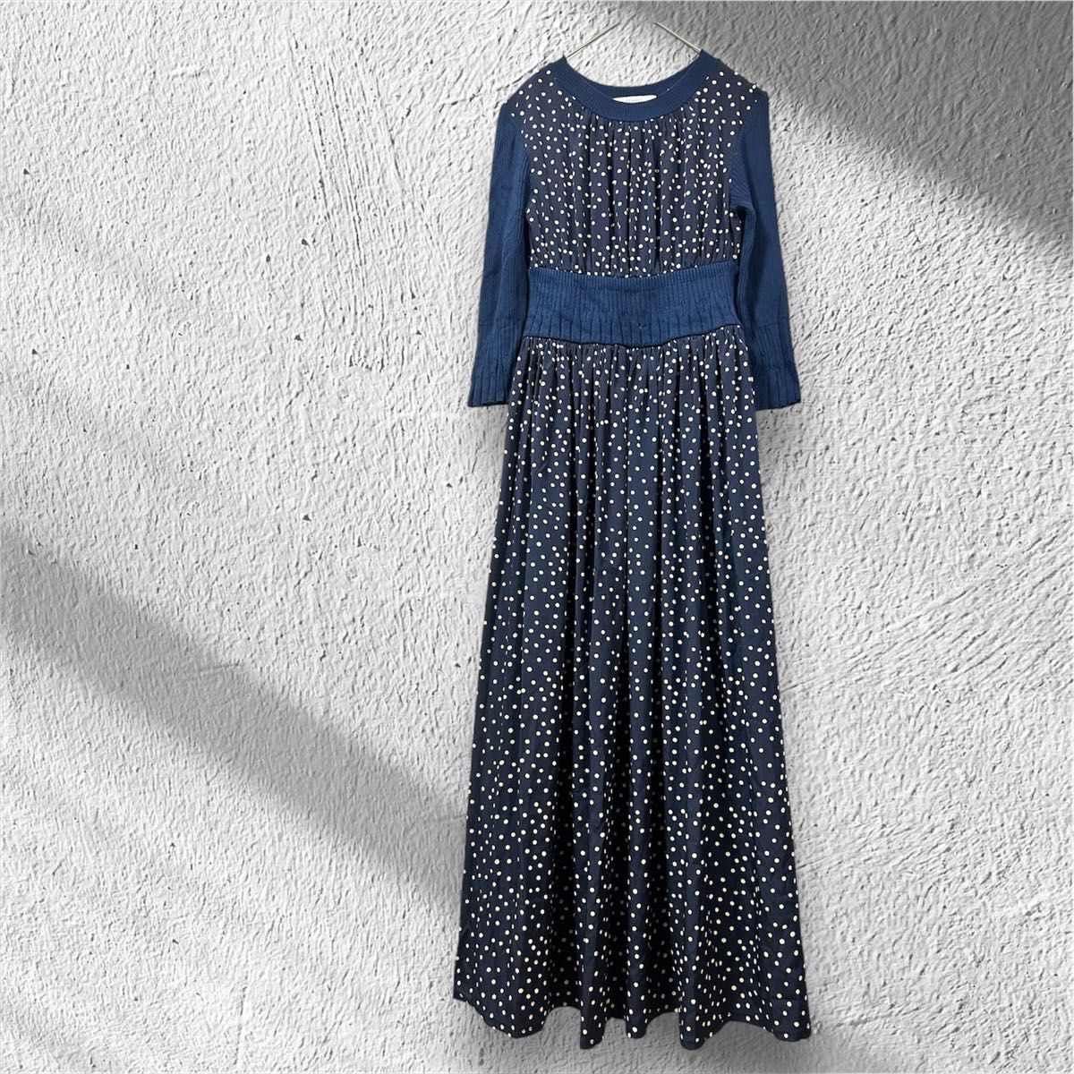FENNEL ドット柄ロングワンピース 七分袖 ネイビー Mサイズ 日本製
