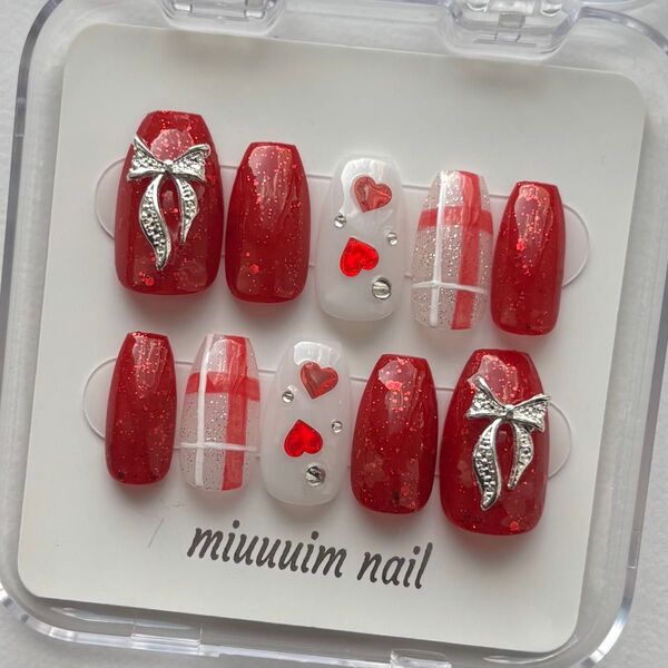 現品ネイルチップ 赤 韓国風 ワンホンネイル フレンチガーリー y2k ちゅるん クリスマス りぼん ハートホロ チェック柄