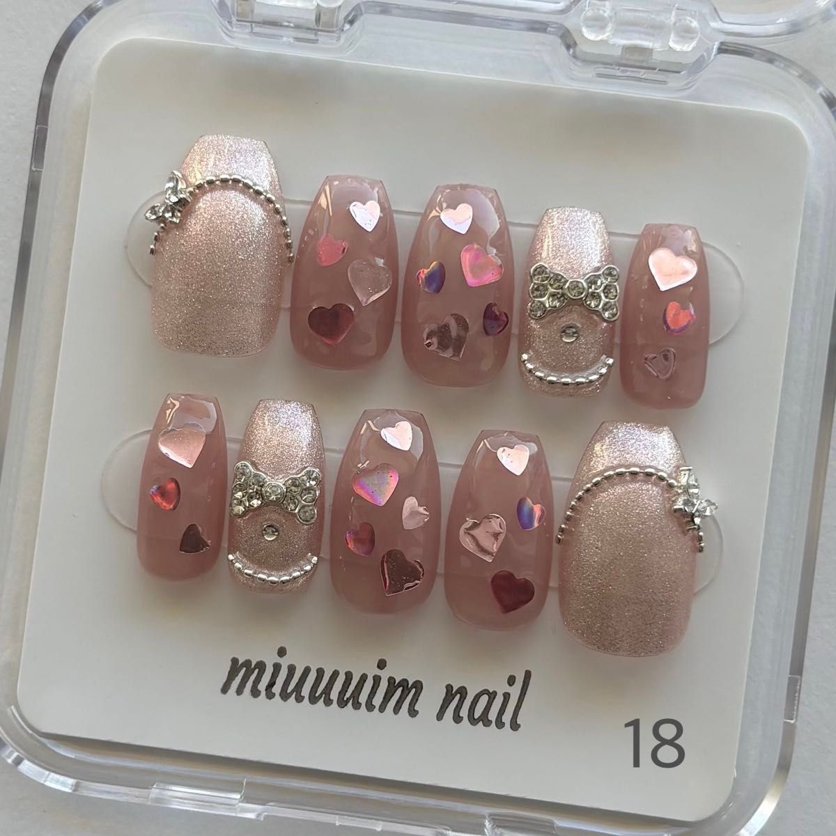 ネイルチップ ピンク 韓国風 ワンホンネイル フレンチガーリー y2k ちゅるん ハートホロ 推し活ネイル キラキラ