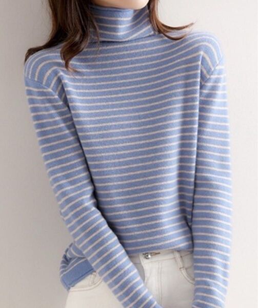 大人デイリー柔らかニット【未使用】aimoha★ハイネックボーダーニットトップス タートルネック ハイネック ニット ブルー系