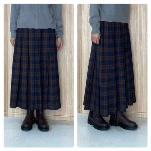 新品タグ付ロングスカート☆ゆったり☆秋冬☆チェック☆プリーツ☆ウエストゴム☆起毛☆アースカラー☆ブラウン
