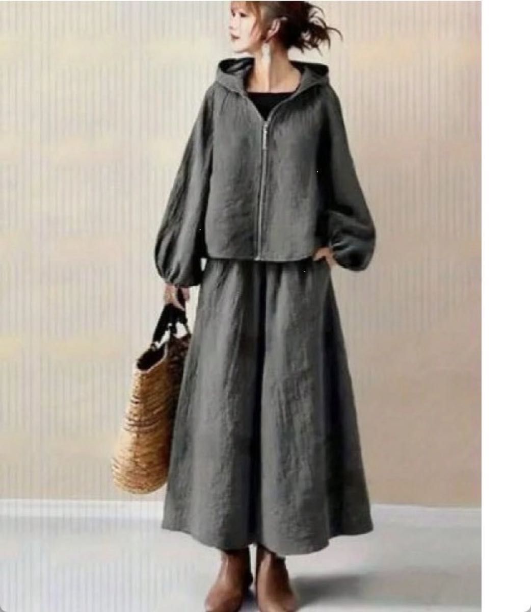 2L 上下 セットアップ ロング ワイドパンツ パーカー アウター 秋冬 ジャケット　ガウチョパンツ　シャツ　ボリューム袖