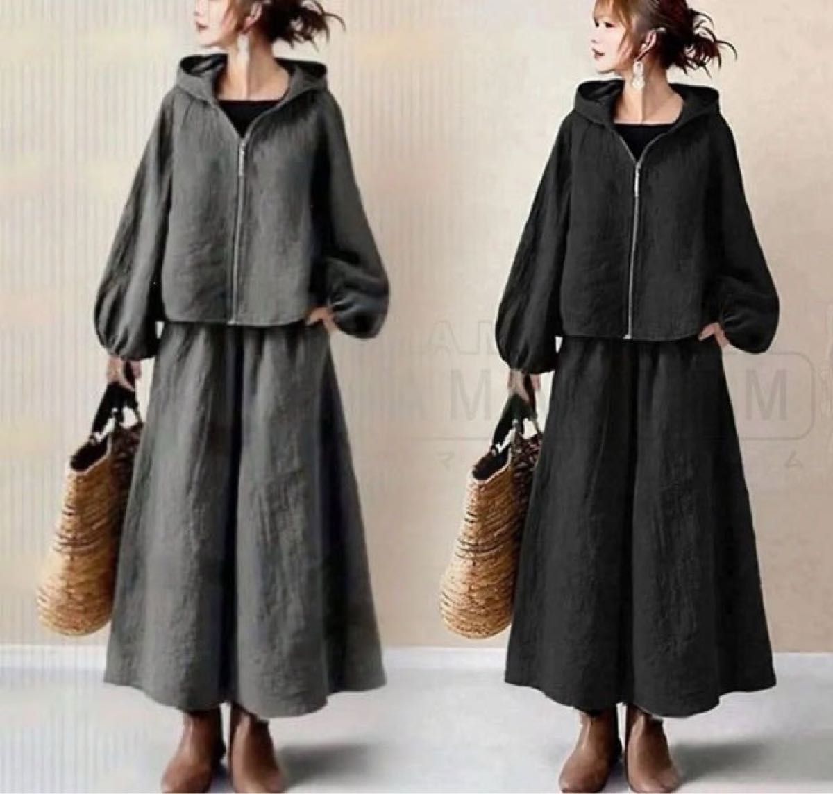 M 上下 セットアップ ロング ワイドパンツ パーカー アウター 秋冬 ジャケット　ガウチョパンツ　シャツ　ボリューム袖