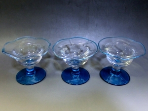 氷皿■硝子皿 3客 ガラス 3個セット 水色 こおり皿 古美術 時代物 骨董品■