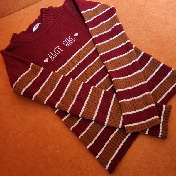 ALGY GIRL アルジーガール ボーダー柄リブニット セーター レッド ブラウン 140㎝