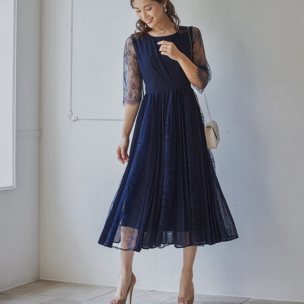 結婚式　ワンピース　レースドレス　ロングドレス オケージョンL パーティー お呼ばれ DRESSPlus ドレスプラス　ネイビー