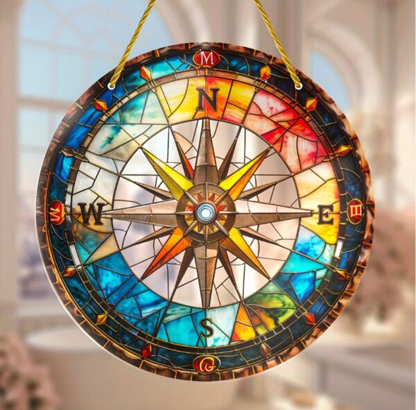 【羅針盤】サンキャッチャー 壁掛け アクリルプレート 癒やし 風水 開運 ステンドグラス風 飾り 方位 コンパス