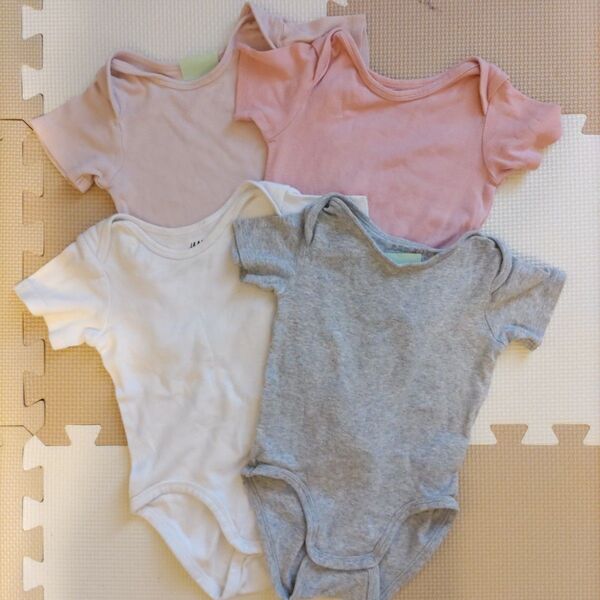 ベビー肌着 ロンパース 4枚 半袖 肌着 ボディスーツ シャツ 9-12M ピンク グレー 白 80cm
