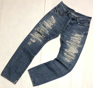 ■ HYSTERIC GLAMOUR ヒステリックグラマー ■ 0233AP09 ハードクラッシュ ダメージ リペア UR スタッズ加工 インディゴデニム 32