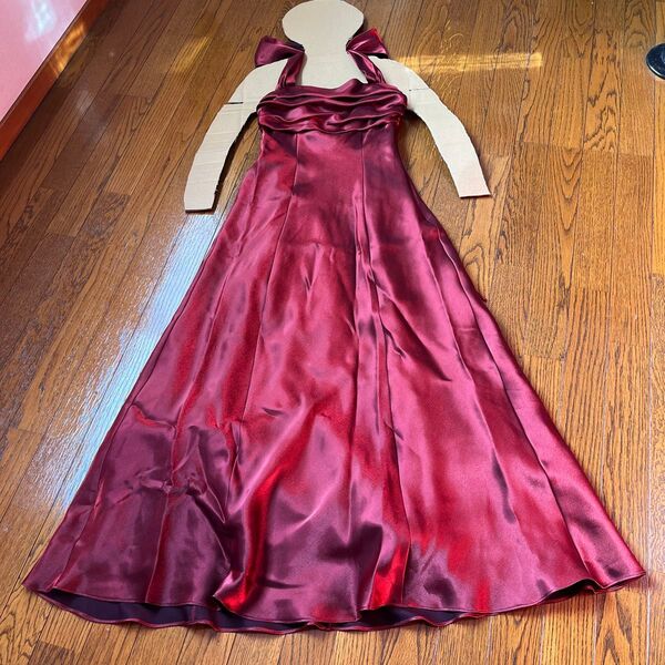 カラードレス 演奏会 ロングドレス 赤えんじ系光沢