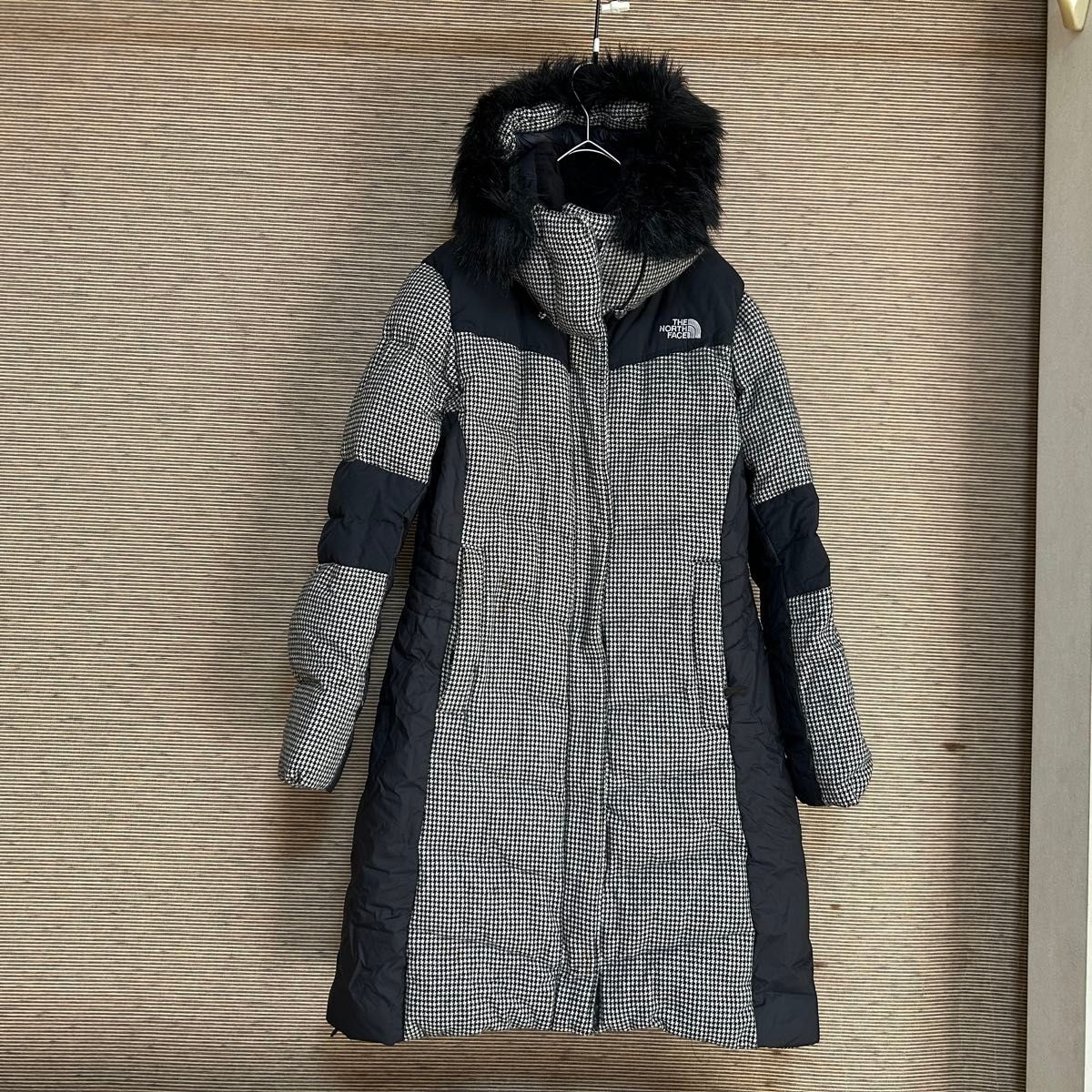 ノースフェイス　ロングダウンコート　チェック柄　刺繍　韓国限定　黒グレーF3