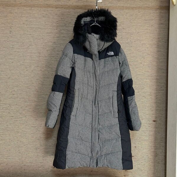 ノースフェイス ロングダウンコート チェック柄 刺繍 韓国限定 黒グレーF3