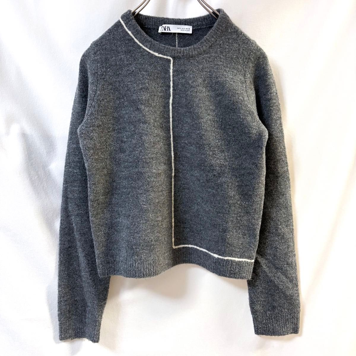 長袖 ニット セーター グレー パイピング S 軽量 ZARA ザラ クルーネック トップス
