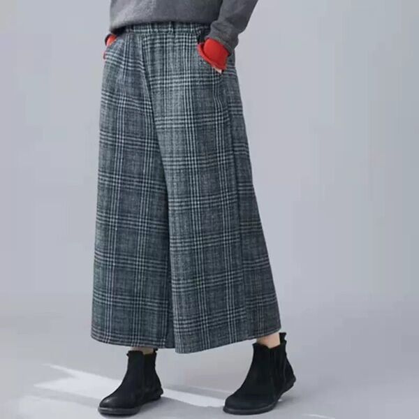 レディース ズボン ロングパンツ ワイドパンツ チェック柄ハイウェスト 九分丈