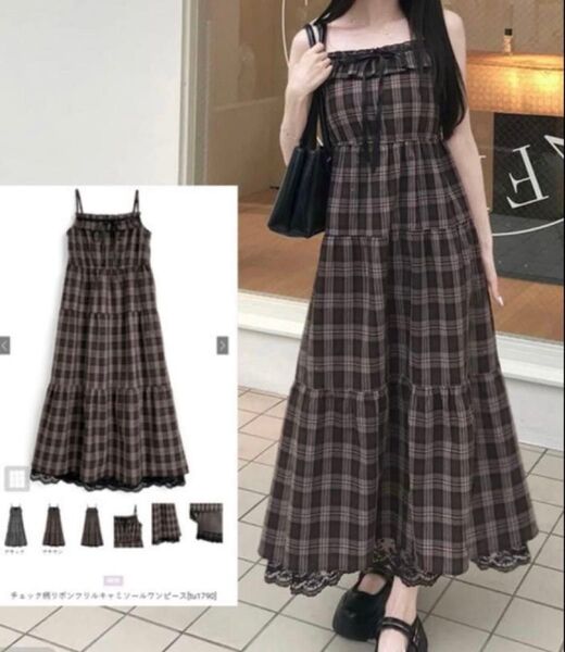 GRL チェック柄リボンフリルキャミソールワンピース tu1790
