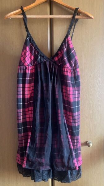 Pumpkin チェック柄 キャミソールワンピース ピンク ブラック レース