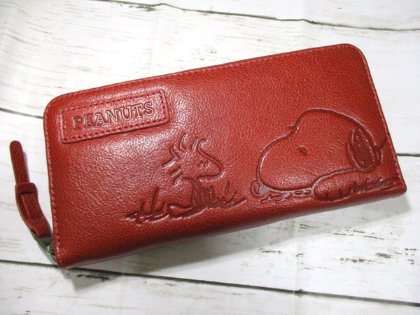 財布 レディース 長財布 ラウンド スヌーピー SNOOPY 本革 レザー スヌーピーとウッドストックの Friends レッド ♪