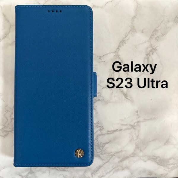 Galaxy S23 Ultra 手帳型ケース ブルー PUレザー スタンド機能 カード収納 スマホケース シンプル