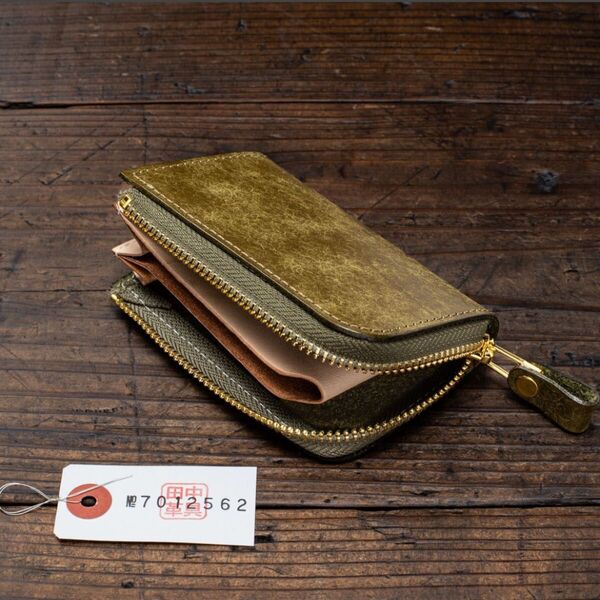 バケッタレザー【牛革】オリーブグリーン メンズ ミニ財布 L字ファスナー 新品 未使用 送料無料 緑 コンパクト 本革