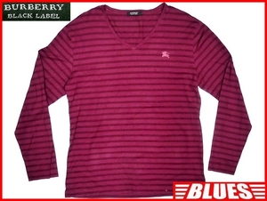 即決★BURBERRY BLACK LABEL★メンズL 廃版 ロングTシャツ バーバリーブラックレーベル 3 赤紫 ボーダー 三陽商会正規 ナイト刺繍 長袖