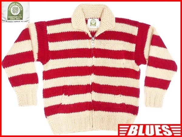 即決★カナダ製 CANADIAN SWEATER★メンズM位 カウチンセーター カナディアンセーター ニット セーター ボーダー 赤 ウールジャケット