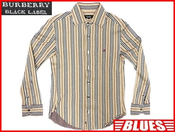 即決★BURBERRY BLACK LABEL★メンズM 廃版 ストライプシャツ バーバリーブラックレーベル 2 茶 グレー 三陽商会正規 ナイト刺繍 長袖