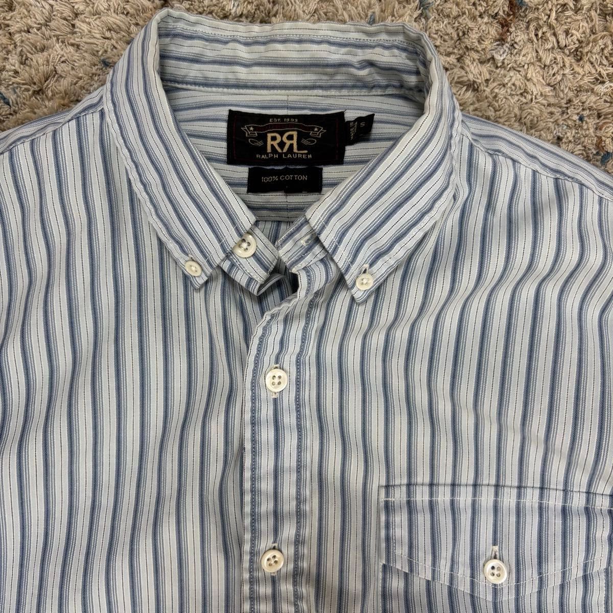 RRL ダブルアールエル ストライプシャツ ブルー 青ボタンダウン 刺繍入り ヴィンテージ フラップポケット　Sサイズ 長袖