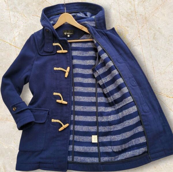 TAKEO KIKUCHI タケオキクチ ウール混 ダッフルコート 裏地総柄 Mサイズ メンズ トグル ブルー フード ジャケット