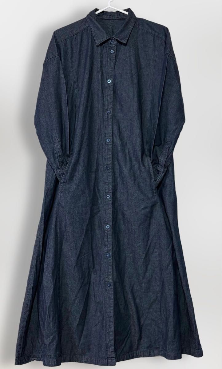 LARU デニムシャツワンピース M-L 綿100 ロング 羽織 体型カバー 前開き 両ポケット 大人カジュアル
