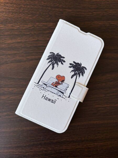 iPhone 17 Air 用カード入れ スタンド機能付 手帳型レザーケース★ Hawaii ハワイ日焼けスヌーピー【白】