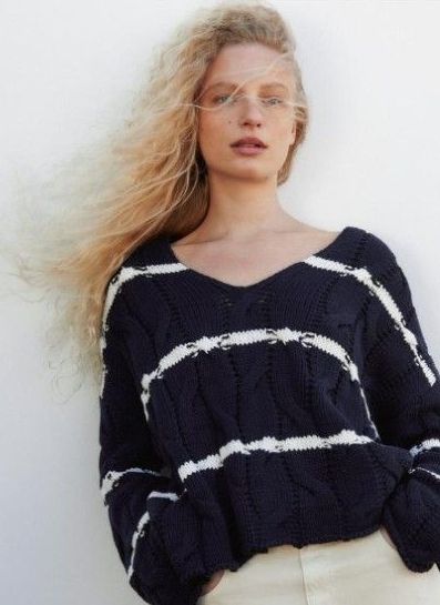 ZARA レディース　ケーブルニット　Vネック S ネイビー　ボーダー