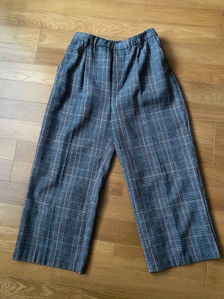 チェック柄ワイドパンツ グレー系 カジュアル ウエストゴム
